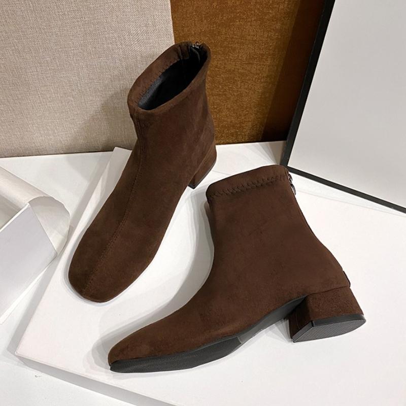 Winter Street Style Women Ankle Boots Elegant Square Toe Low Heel Shoes Female Vintage Stretch Slim Short Booties