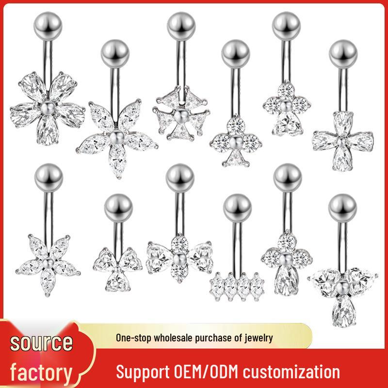 Stainless Steel Zirconia Navel Ring with Inlaid Diamond