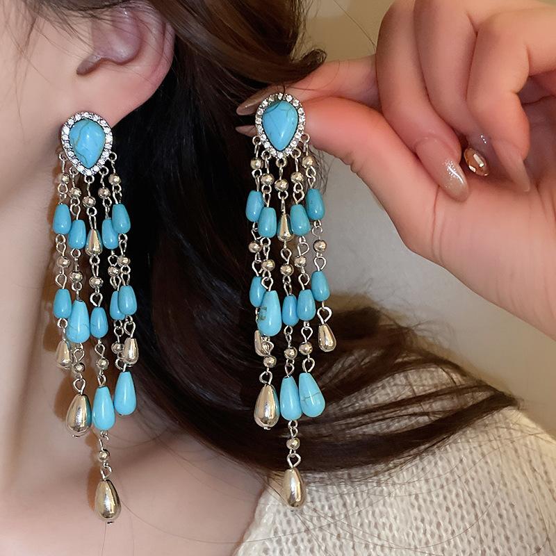 Europäischer und amerikanischer ethnischer Stil, mit Diamanten besetzte Wassertropfen-Quasten-Ohrringe, Steckerohrringe, Damenohrringe, Design-Sinn Nische
