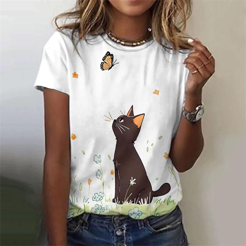 

Футболка с рисунком цветов и листьев для женщин, мультяшный кот с 3D-принтом, короткие рукава, летняя футболка для отдыха, топы с круглым вырезом, футболки 6XL