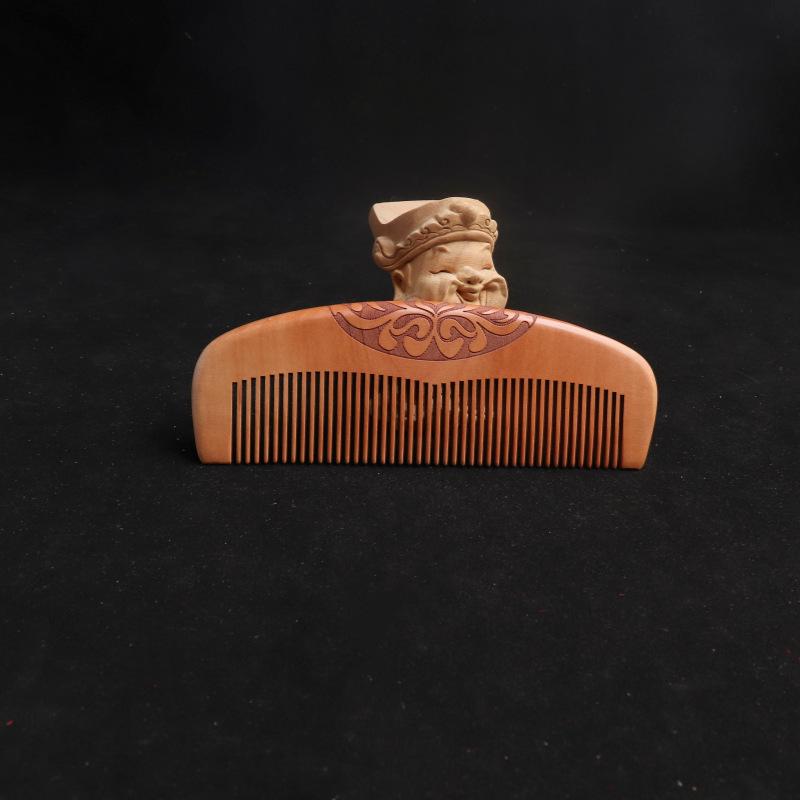 Solid Wood Moon Comb: Peach Wood Carved Straight Hair Comb, Portable and Scalp Massaging with Custom Logo/Gift Text.