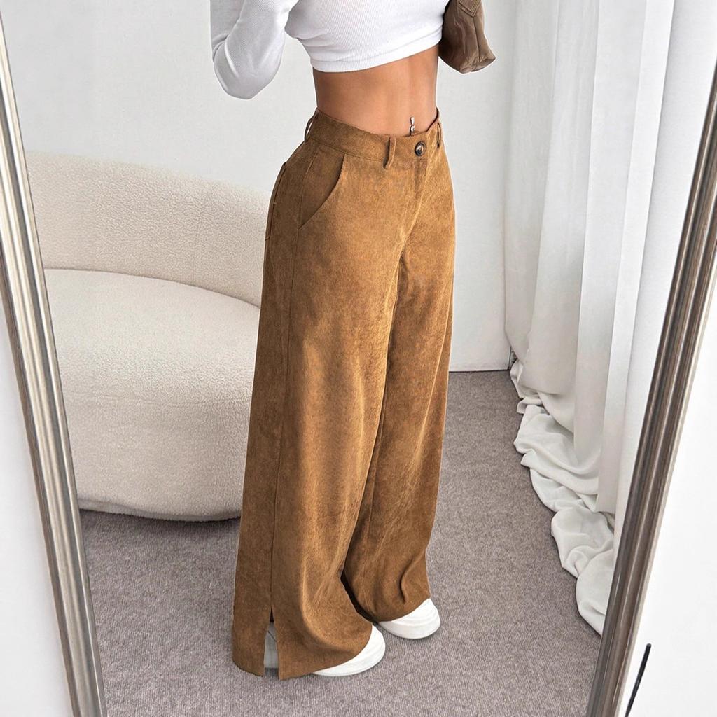 Women Low Waist Corduroy Wide Leg Pants Split Hem Vintage Straight Trousers Commuter Casual Long Pants Streetwear Trousers