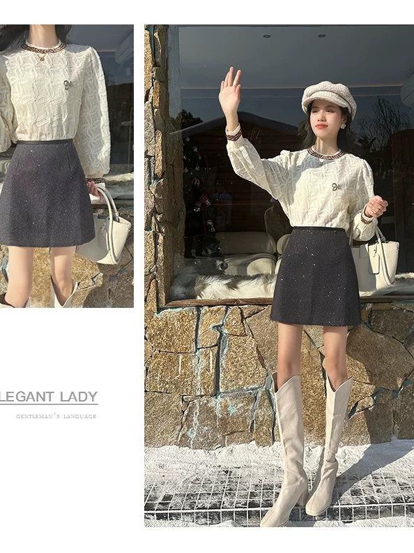 Korean Style Woolen Sparkling Skirt for Women — Autumn/Winter Petite Short Skirt