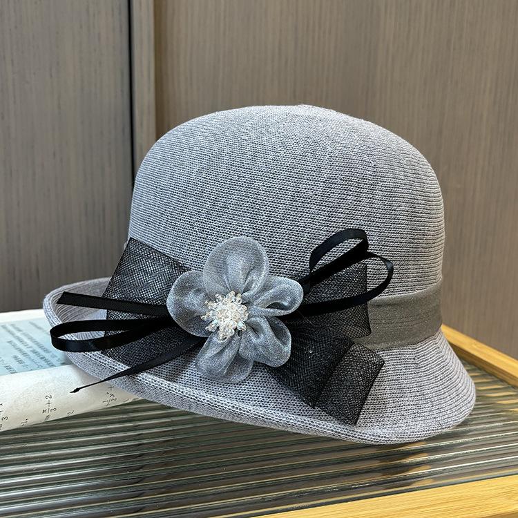 New hat women's spring and summer thin knitted sun hat middle-aged and elderly elegant crimped basin hat sunscreen mesh flower bucket hat