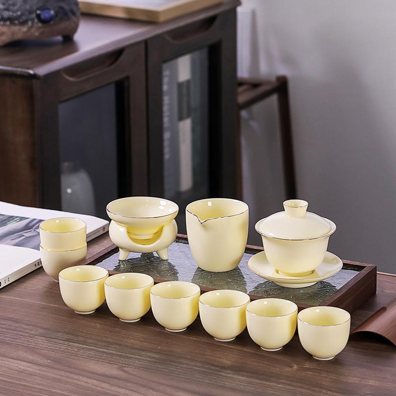 High-end ceramic yellow gemstone mutton fat jade Kung Fu tea set tea set tea cup business enterprise bank corporate gift