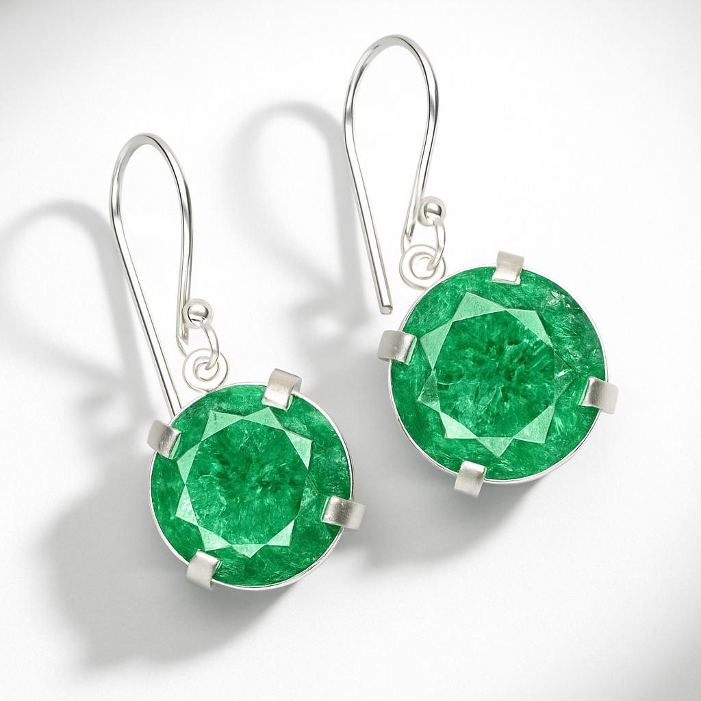 Round Shape Emerald Gemstone Earrings Natural 62 Ct Certified 925Sterling Silver AI-138-NS