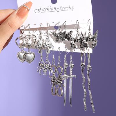 18Pcs/Set Punk Gothic Earring Set for Women Silver Plated Earring Vintage Snake Butterfly Mushroom Earring Fashion Black Jewelry