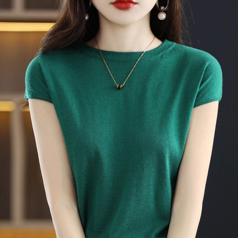 Women Green Crew Neck Cap Sleeve Solid Color Casual Knit T Shirt