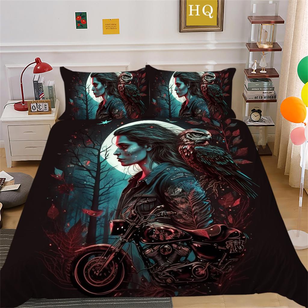 3D Beauty Skull Head Bedding Set Beauty Skull Head Motorcycle Pattern Quilt Cover Pillow Case 2/3 Pieces Microfiber Fabric Full Size Home Decoration
