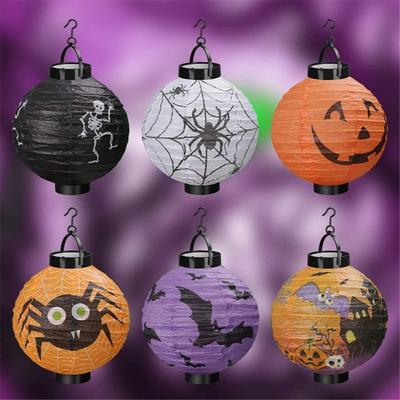6 Pcs Halloween Decorations Paper Lanterns With LED Light  Bats Spiders Skeleton Castle
