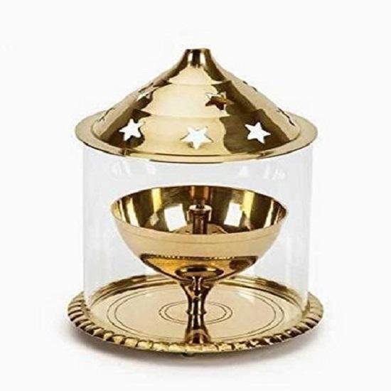 Indian Traditional Brass Glass Akhand Diya Color Golden For Puja 1195