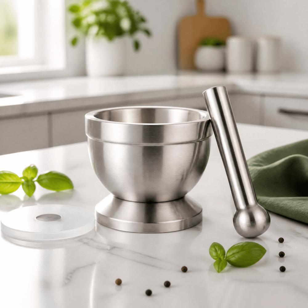 Stainless Steel Mortar And Pestle Set Silver Garlic Grinder Bowl  Spice Preparation