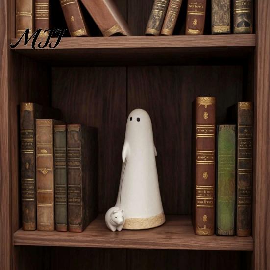 Matte White Resin Ghost Ornament Dog Statue, Cute Walking Figurine, Spooky Funny Figurine Halloween Decoration for Tabletop Mantel Shelf Holiday Party