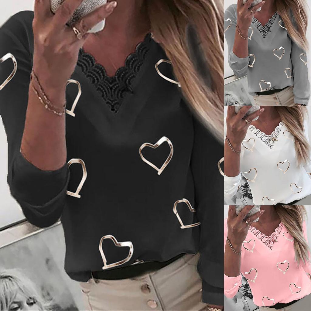 Women Hearts Print V-neck Lace Patchwork Long Sleeve T-shirt Top Blouse