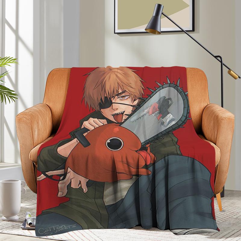 Anime Flannel Blanket Sofa Chainsaw Man Microfiber Bedding Bed Fleece Camping Warm Winter King Size Fluffy Soft Blankets