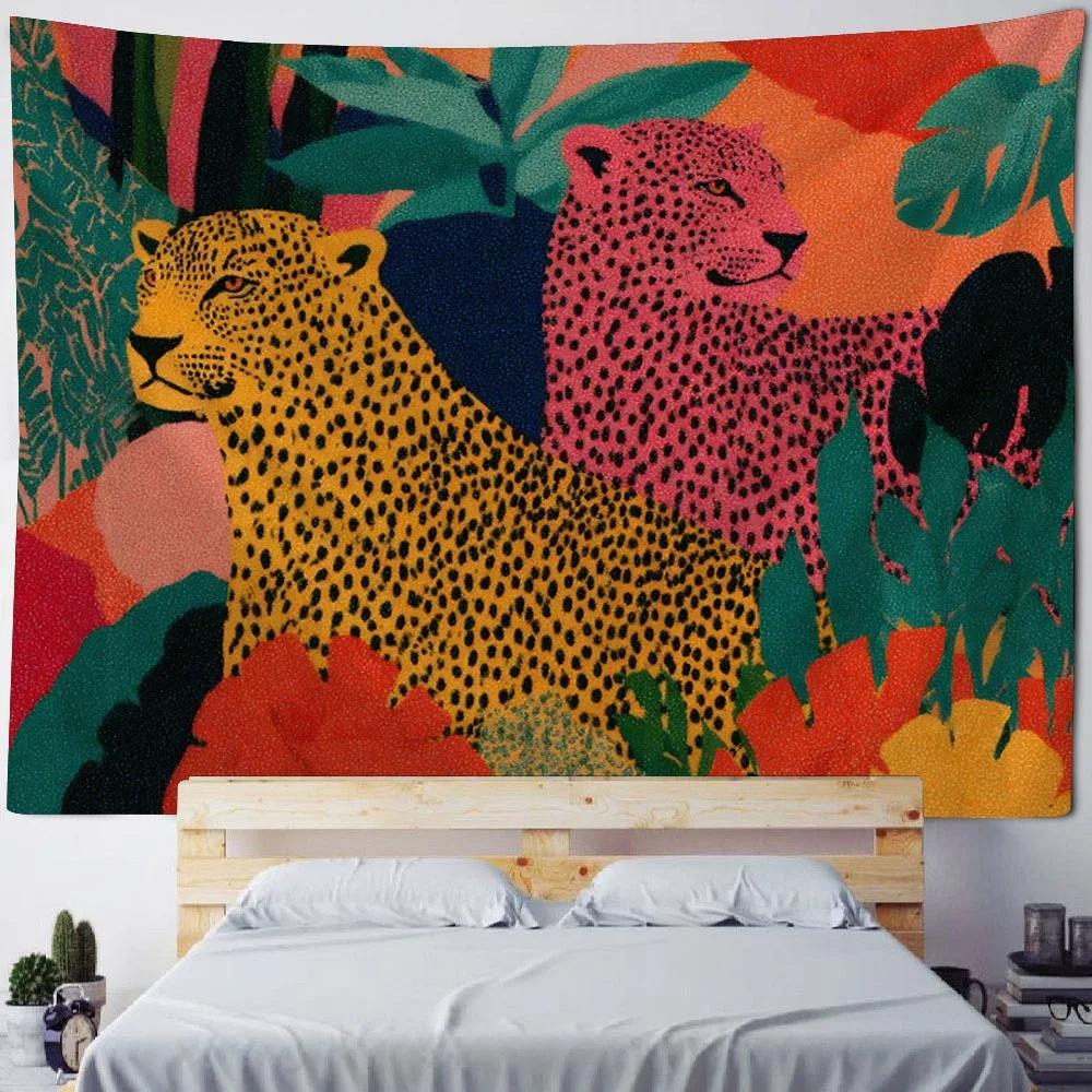 European Cheetah Art Tapesty Flower Tropical Plant Fabric Wall Hanging Home Dormitory Bedside Decorative Tapestry