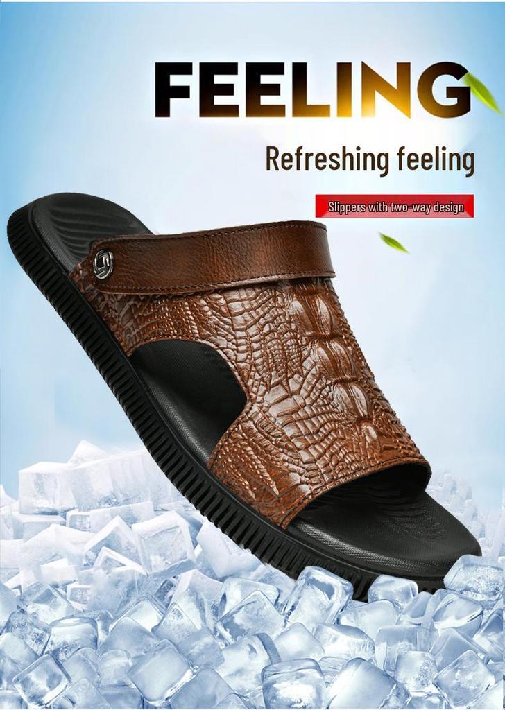 Men's Two-Way Open-Toe Cowhide Sandals: Cross-Strap Crocodile Pattern, Summer Outdoor Beach Half-Slippers