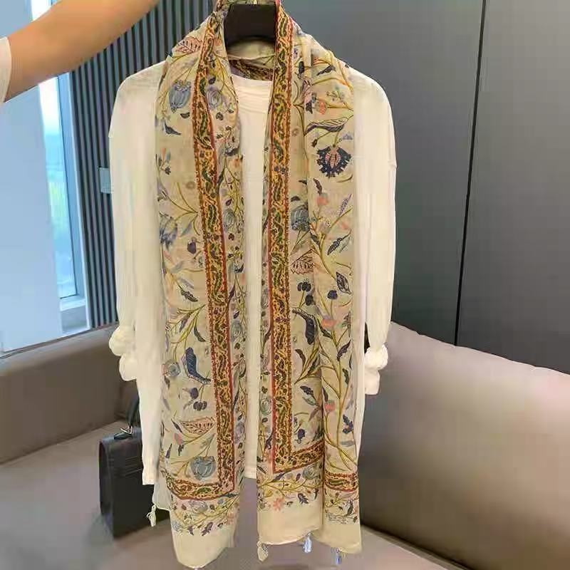 Sunscreen Shawl Spring and Summer Soft Cotton and Linen Feel Long Scarf Female Plain and Elegant Flower Fringed Silk Scarf
