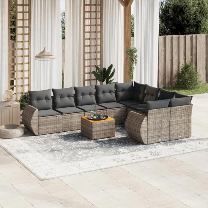 VidaXL Salon de Jardin avec Coussins 10 pcs, Canapés de Terrasse, Ensemble de Meubles de Patio, Mobilier d'Extérieur, Gris 3257495