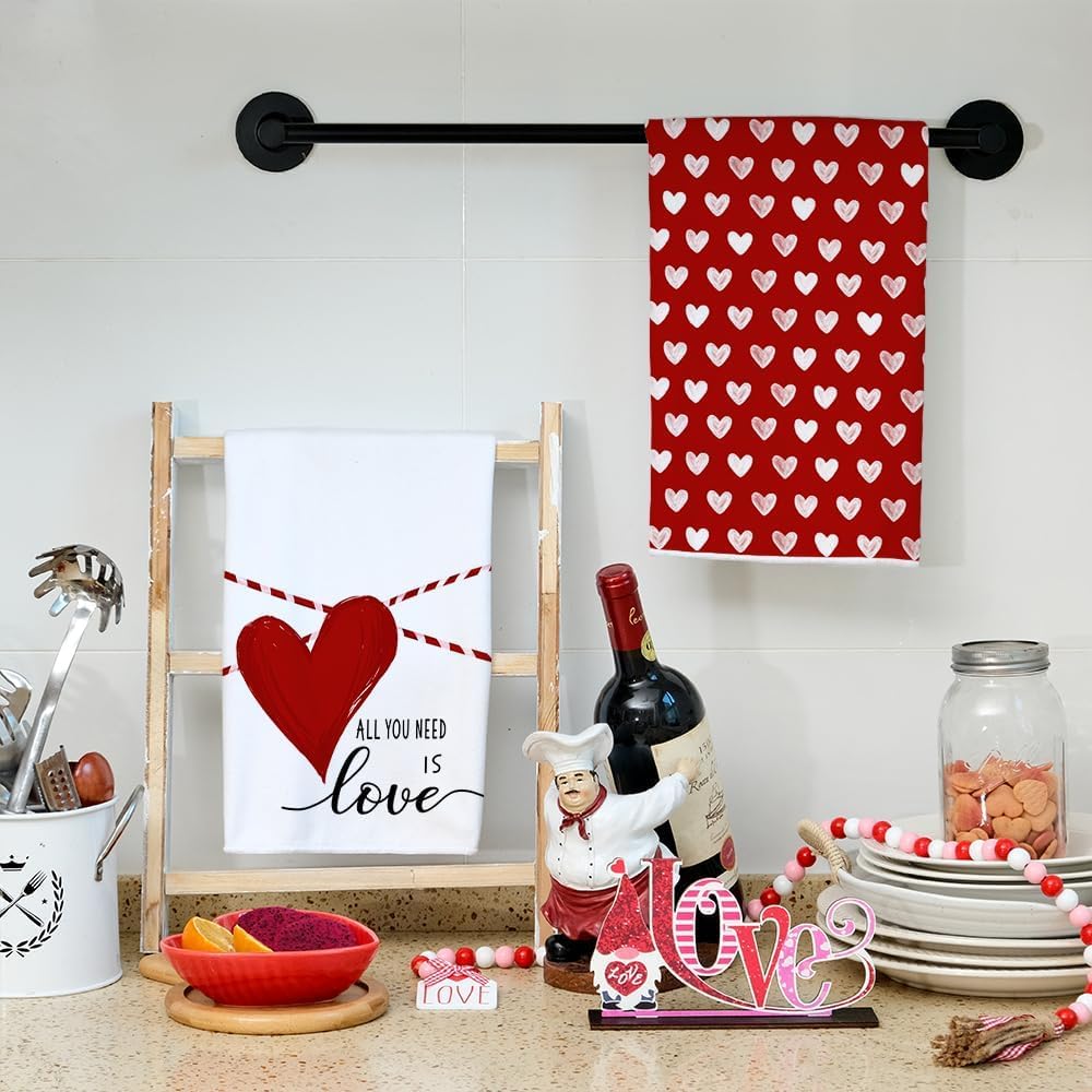 ARKENY Valentines Day Kitchen Towels Set of 2,Red Heart Love Dish Towels 18x26 Inch Drying Dishcloth,Farmhouse Home Decoration AD133