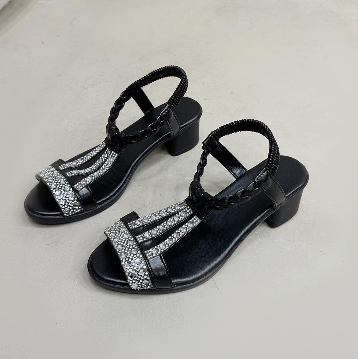

Босоножки женские богемные уличные большого размера на компактном полом каблуке со стразами 41 чёрный