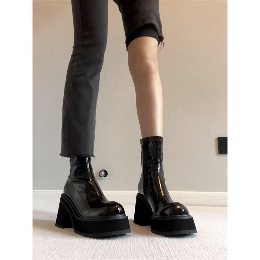 Patent leather small Martin boots women's 2025 new waterproof platform thick-soled heightened elastic thin boots thick heel short boots