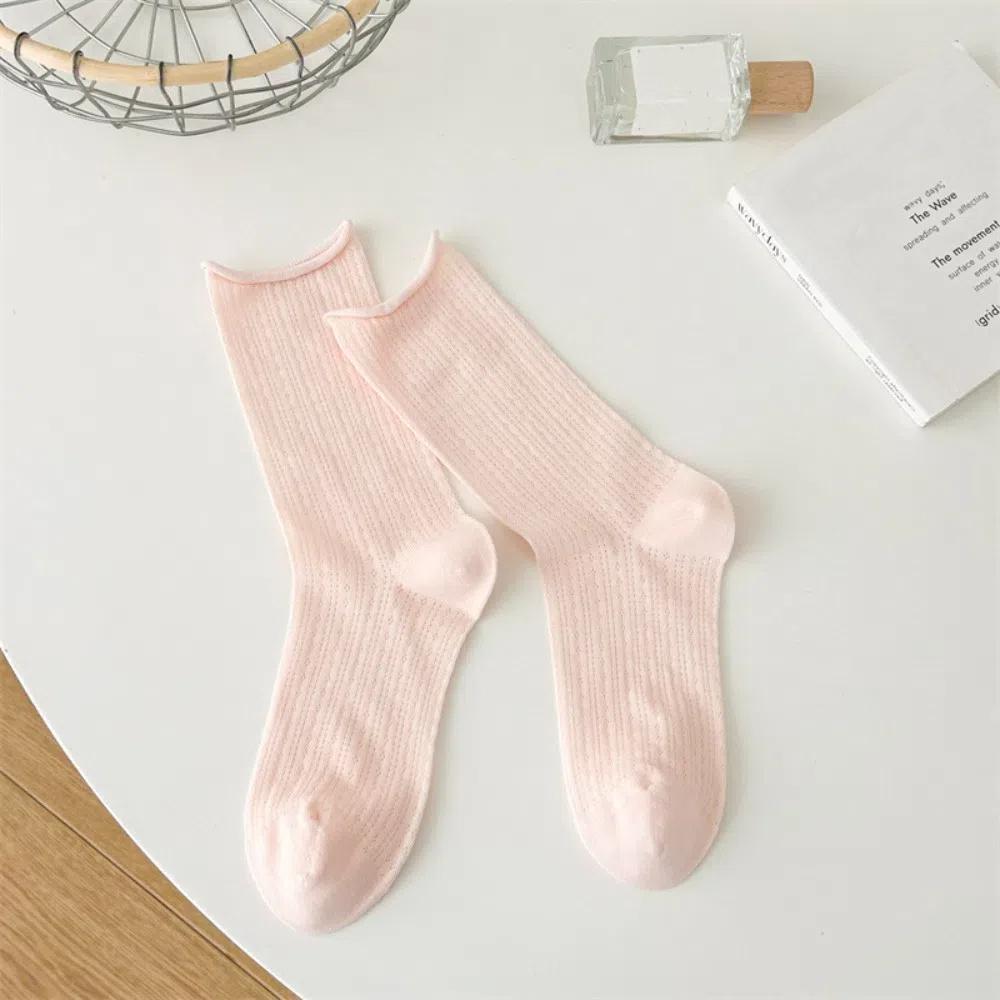 Candy Color Summer Socks Hollow Out Roll Edge Socks Sweet Long Socks  Women
