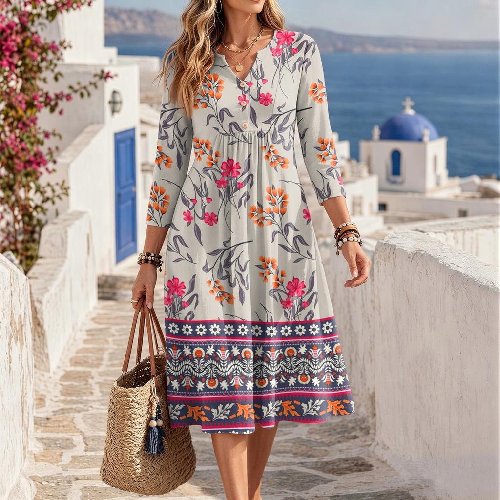 Women's Floral Print V-Neck Casual 3/4 Sleeve Dress
