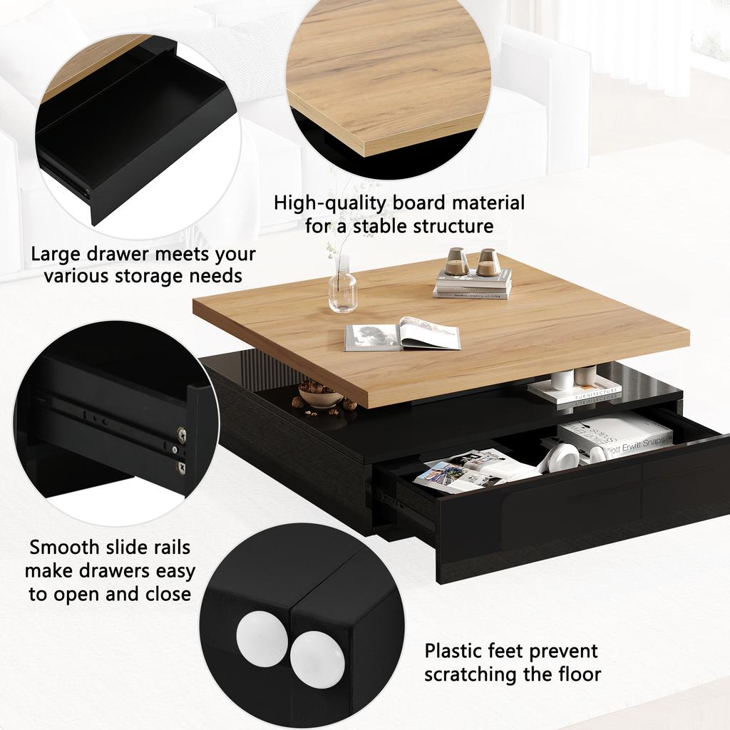 Multifunctional Square 360 Degrees Swiveling Coffee Drawer, High-Gloss 2-Tier Table and Storage Cabinet, Side Table, Natural Wood + Black
