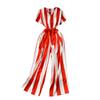 European and American Color Matching Striped Lace-up Waist-Tight Long Jumpsuit