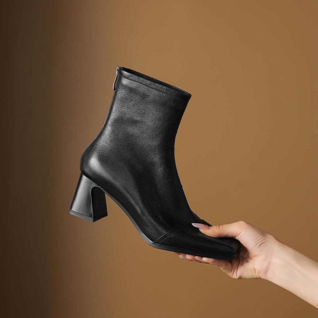 Krazing Pot Sheepskin Winter Square Toe Modern Boots Thick High Heels Zipper Women Ankle Boots