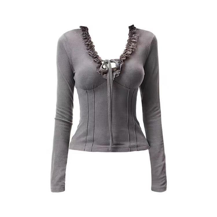 Women s Slim-Fit V-Neck Lace-Up Long-Sleeve Top - Stylish Base Layer for Autumn/Winter Small серый
