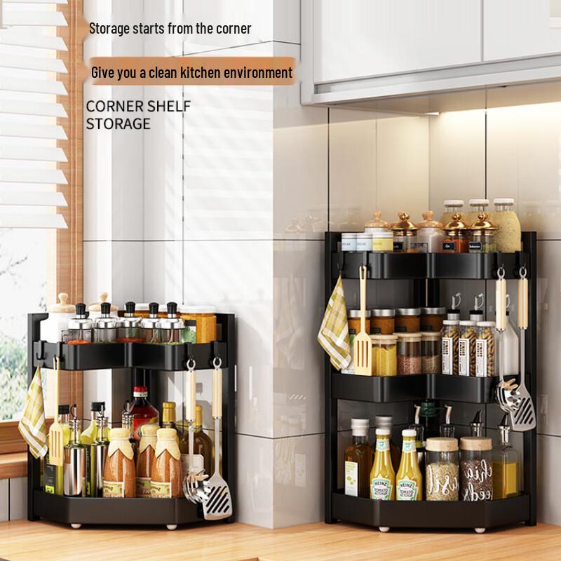 Black Foldable 3-Tier Kitchen Corner Storage Rack