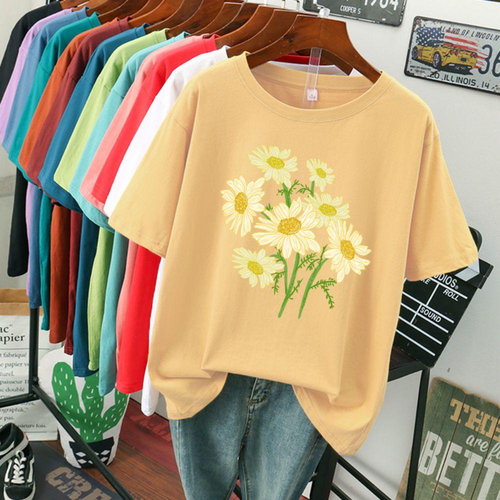 Street Baumwolle Damen T-Shirts Frisch Harajuku Gelbe Chrysanthemenblumen Drucke Oberteile Locker Rundhals Weiche T-Shirts Damenbekleidung