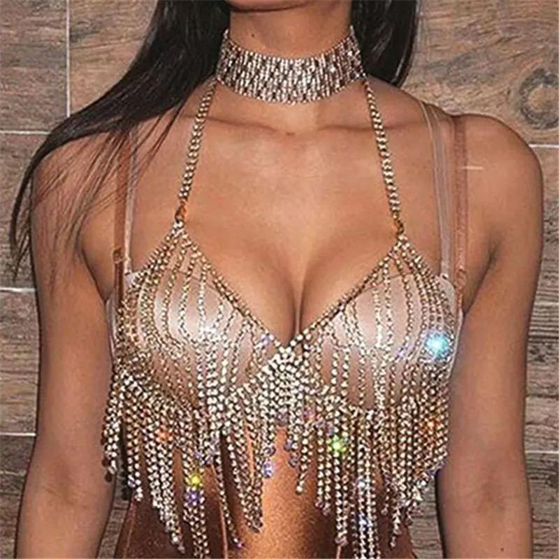 Sexy Beach Jewelry, Rhinestone Fringed Body Chain, Bikini Breast Chain, Rhinestone Underwear Bra.