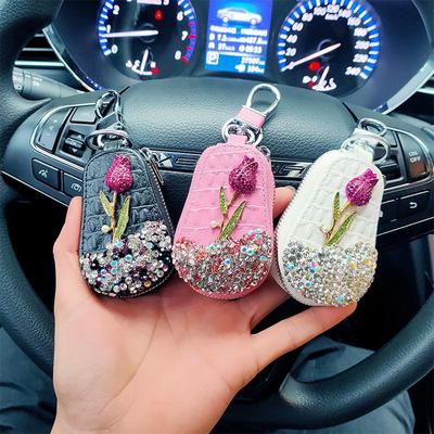 1Pc Luxury Flower Car Key Holder Storage Case Crystal Keychains Key Cover Key Bag for Car Accessories