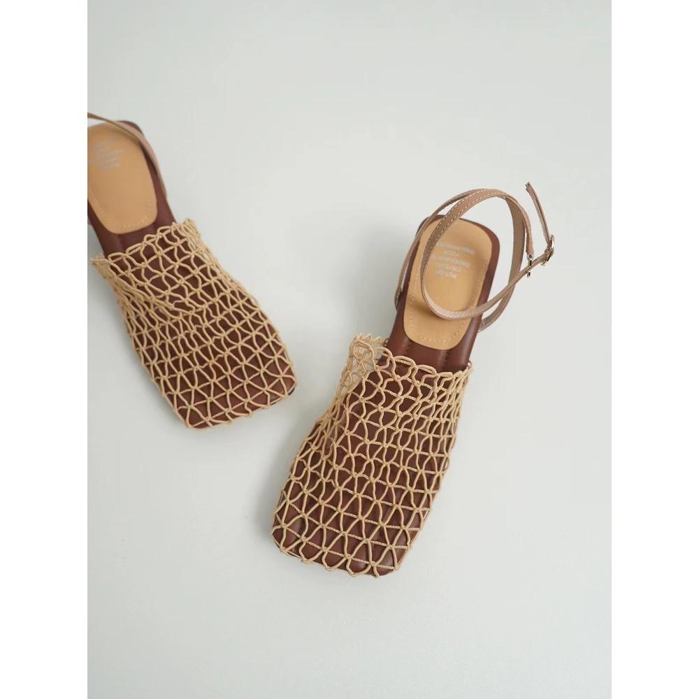 Summer Luxury Designer Sandals Women's Lace Mesh Square Toe Shallow Narrow Strap Braided Slip-on High Heels Sandals