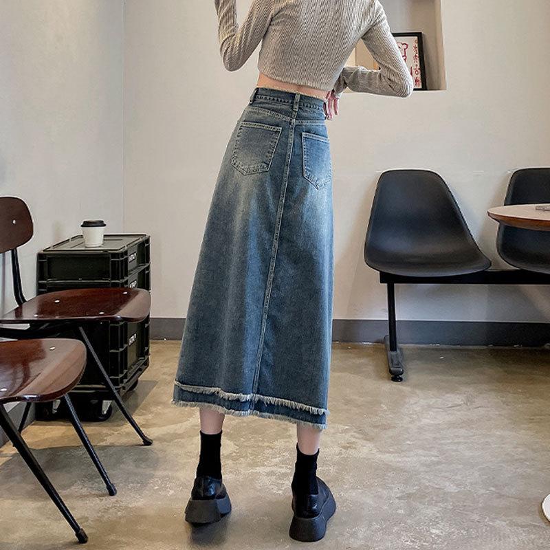 Raw Edge Denim Skirt Female Summer High-waisted Thin Middle-length A-line Half-body Skirt Retro Versatile Comfortable Fashion Denim Bustier Skirt