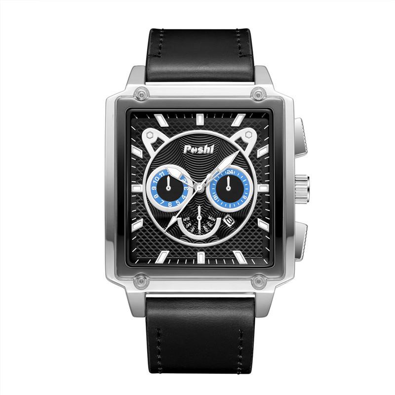 POSHI Square Watch Men's Glow-in-the-dark Waterproof Quartz Watch Multi-functional Calendar Leather Watch