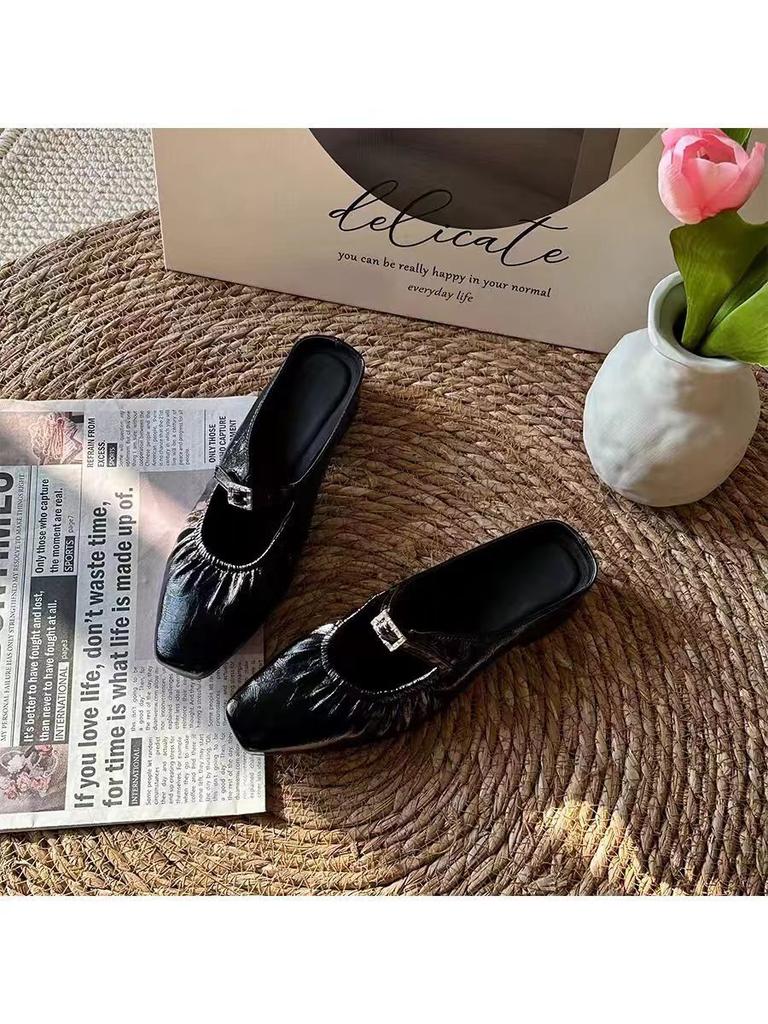 Silver French Leather Single Shoes Women's 2025 Summer New Muller Pleated Mary Jane Shoes Outer Bag Head Half Slippers