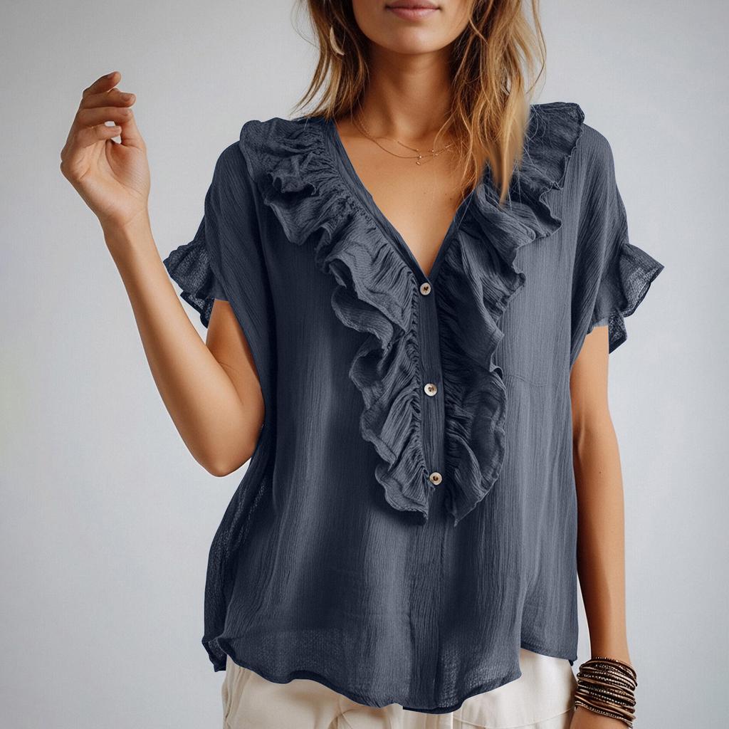 Womens Ruffle Trim Short Sleeve Button Front V Neck Blouse Lightweight Casual Top for Daily Wear