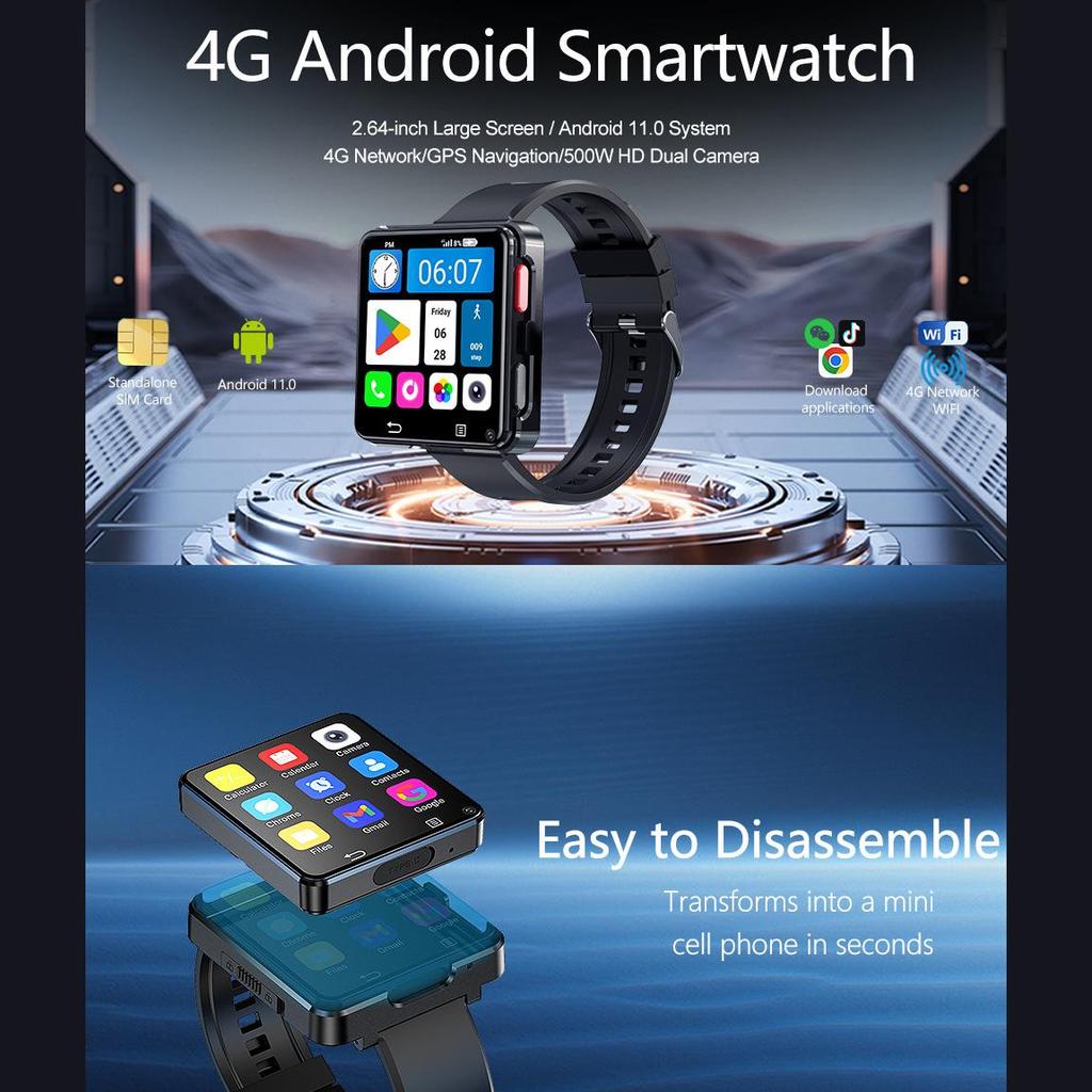 Android 11 Smartwatch, 3GB+32GB, Abnehmbare Outdoor-Uhr, GPS, 5MP Kamera, Wi-Fi, 1200mAh, 2,64-Zoll-Display