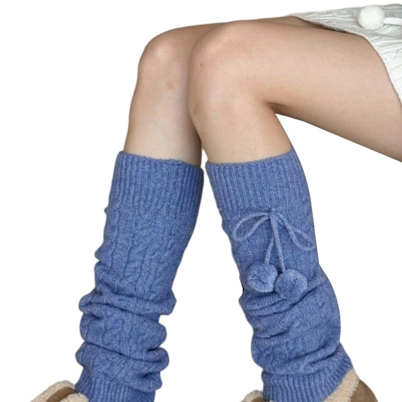 Fashionable Plush Balls Bows Adorned Leg Warmers for Women's Cable Knitted Stretchy Leg Covers Sleeves Calf Socks