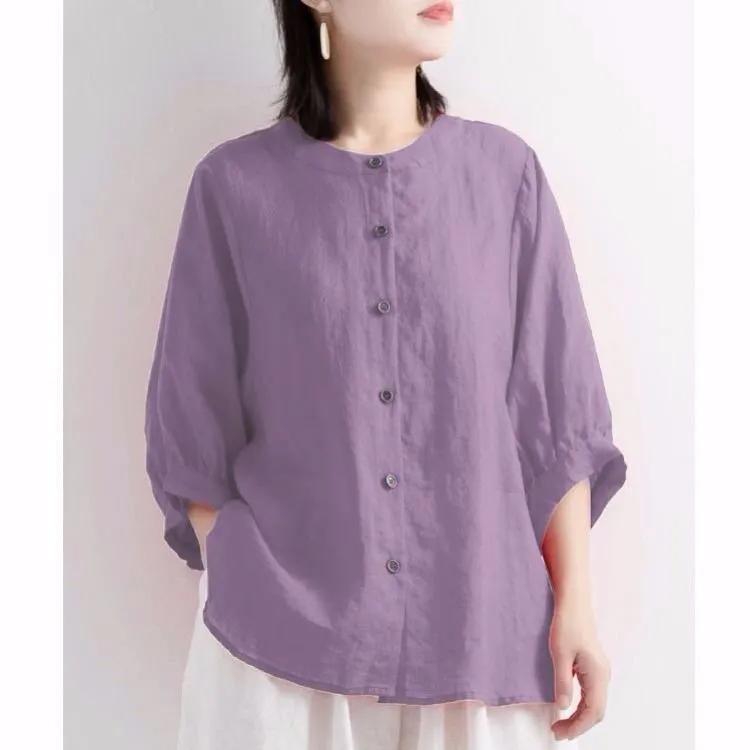 Women's Spring Vintage Boho Cotton-Linen Shirt with Bell Sleeves and Relaxed Mid-Length Fit