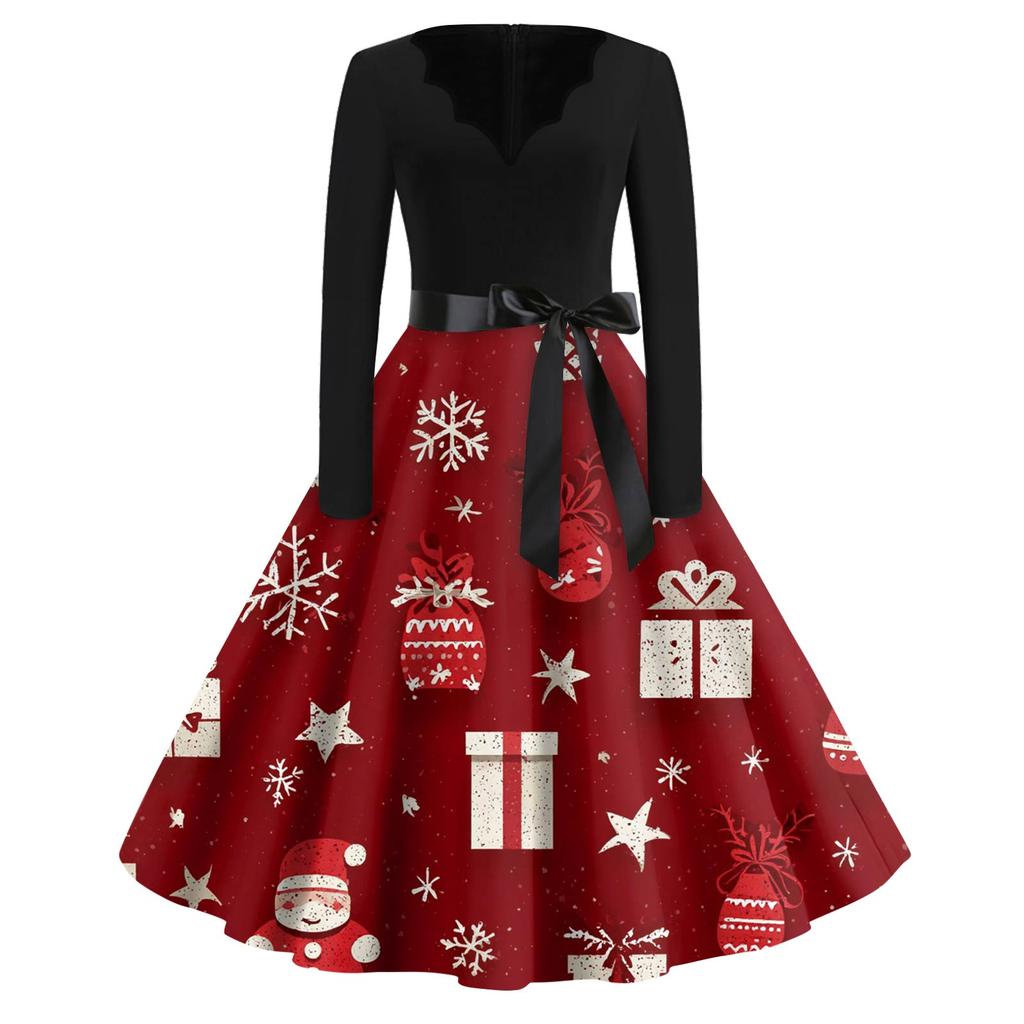 Women's Fashion V-Neck Relaxed-Fit Christmas Print Long-Sleeved Dress