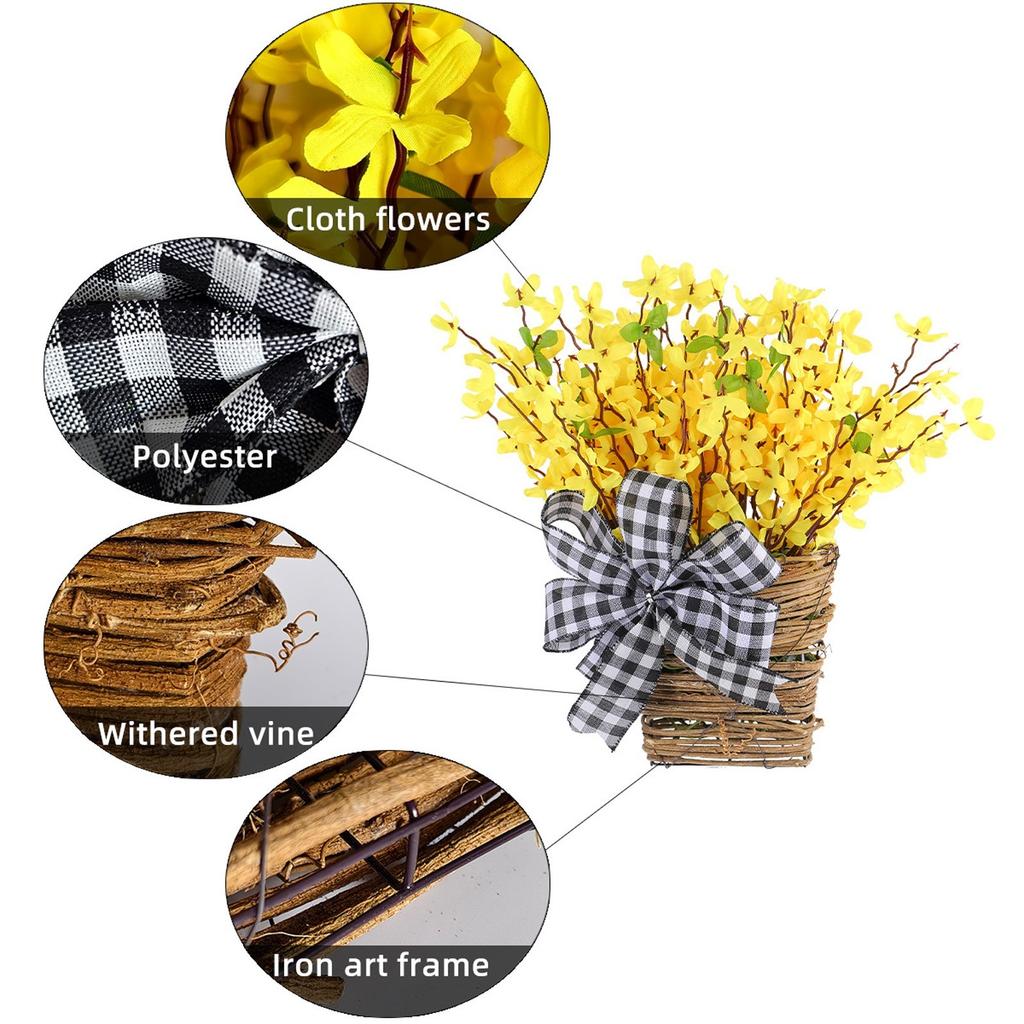 Spring Flower Wreath Basket, Forsythia Door Basket, Yellow Flower Wreath, Front Door, Summer Spring Home Decoration