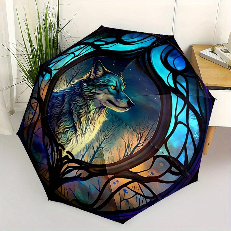 1pc Wolf Stained Automatic Umbrella - 8-Rib Foldable Design, Outdoor Adventures, and Family Celebrations y250829110