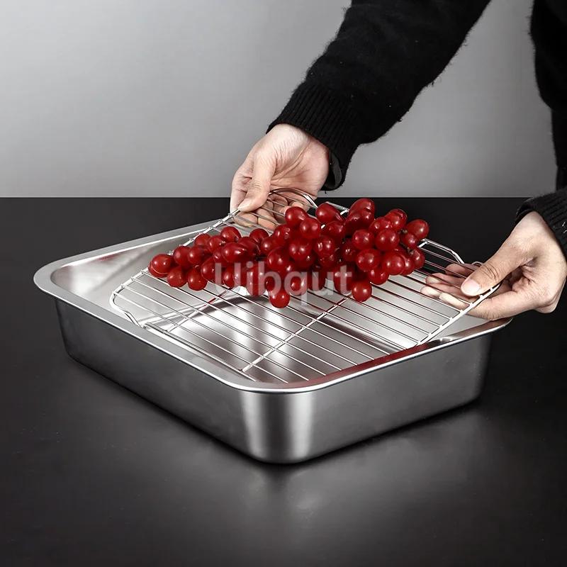 Deep Square Plate Basin with Rack Pallet Stainless Steel Bbq Fast Food Plate with Grid Mesh Dessert Dinner Set Restaurant Trays