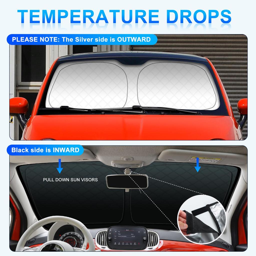 KUNGKIC Sunshade for Fiat 500 and Abarth Front Window Sun Light Heat UV Heat Easy Easy Interior Accessories 595, Sunshade, Protection, Blocking,