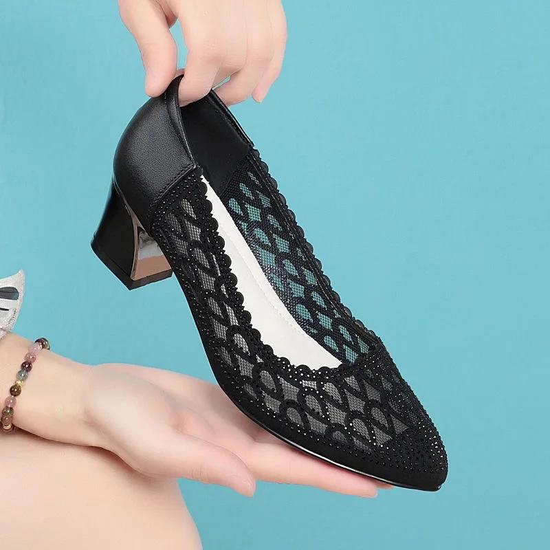 Fashion 2025 Summer Fashion Hollow Out Genuine Leather Pumps Women Shoes Med Heels Square Heel Mesh  Office Shoes Crystal